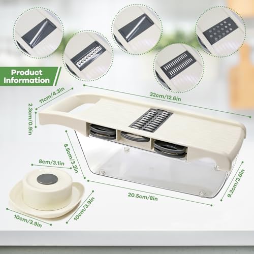 6-in-1 Mandoline Slicer for Kitchen, Multi Blade Veggie Cutter with Drainage Tray, Stainless Steel Blades, BPA-Free, Non-Slip Base & Easy Clean for Meal Prep (stainless steel)