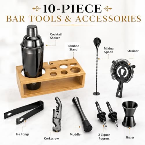 Black Cocktail Shaker Set, Premium 18/8 Stainless Steel Mixology Bartender Kit with Stylish Bamboo Stand 10-Piece Bar Tools & Accessories for Home Bar for Men, Dad, Husband