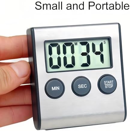 2 Pack Digital Kitchen Timer with Magnetic Countdown Loud Alarm Hanging Hole Bracket Stainless Steel Battery Easy to Carry for Cooking Baking Sports (Silver)