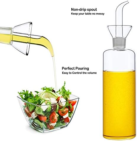 17oz/500ml Clear Glass Olive Oil Dispenser Bottle - Oil and Vinegar Cruet with Non Drip Pourers and NO Funnel Needed - Olive Oil Carafe Decanter for Kitchen and BBQ
