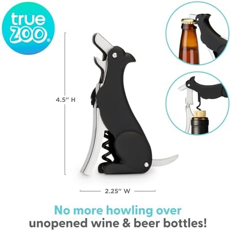 True Zoo Buddy the Bordeaux Collie Black Dog Corkscrew Wine Opener with Built-in Bottle Opener & Sharp Foil Cutter, Stainless Steel and Plastic, Home Bar, Kitchen, Travel, Novelty Gifts, Set of 1
