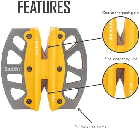 Smith’s 51176 Stainless Steel 2-Step Knife Sharpener | Yellow | Preset Coarse & Fine Slots | Outdoor Handheld Knife Sharpener | Fishing, Hunting, Filet, Pocket Knives | Portable Compact Keychain Tool