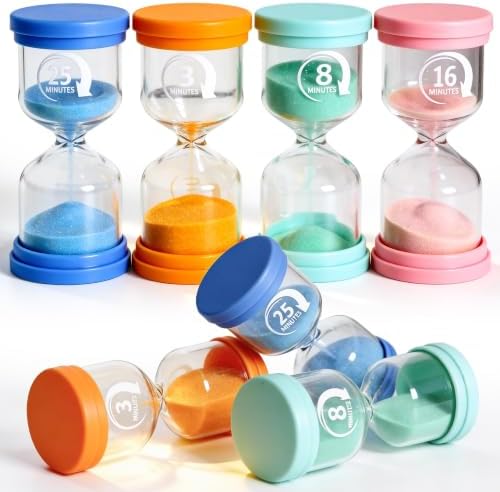PROLOSO Sand Timers Set 4 Pcs Colorful Hourglass 3 Mins / 8 Mins / 16 Mins / 25 Mins Sandglass Glow in the Dark Sand Clock for Classroom Home Office