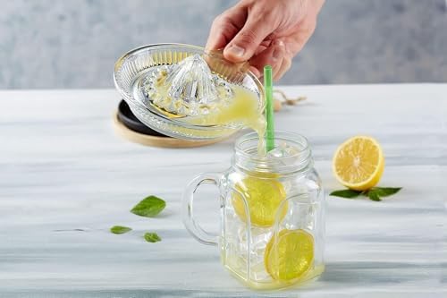 Glass Lemon Juicer, Manual Squeezer for Orange, Grapefuit, Small Citrus, Extractor Manual Hand with Handle and Pour Spout, Crystal Clear Glass 2.02oz
