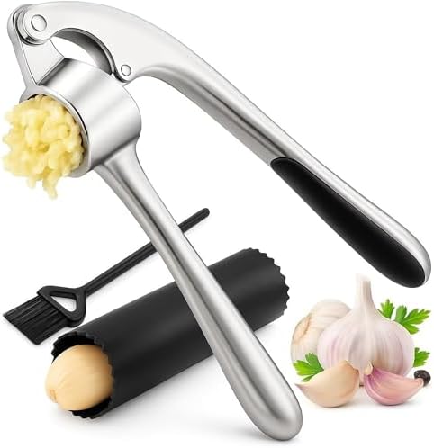 CASAFOYER Stainless Steel Garlic Press, Rustproof Garlic Crusher, Dishwasher Safe, Silver