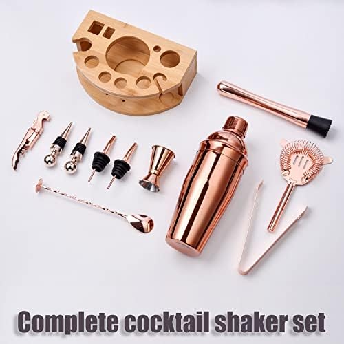 Bartender Kit with Stylish Bamboo Stand, 12 Piece 25oz Cocktail Shaker Set for Mixed Drink, Professional Stainless Steel Bar Tool Set, Gift for Man Dad- Cocktail Recipes Booklet (Rose Gold)