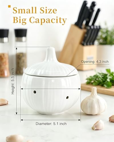 Ceramic Garlic Keeper, White Garlic Storage Jar with Vent Holes, Keeps Garlic Fresh Longer, Kitchen Counter Organizer