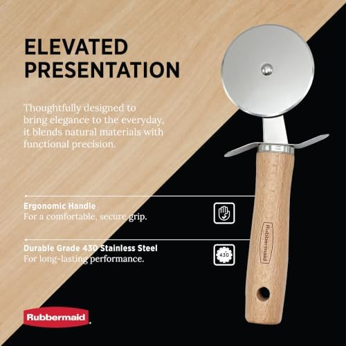 Rubbermaid Beechwood Pizza Cutter Wheel, Heavy Duty Sharp Pizza Slicer for Pizza, Dough, Pie Crust, Pastries | Stainless Steel Blade with Built In Finger Guard | Beechwood & Stainless Steel Collection