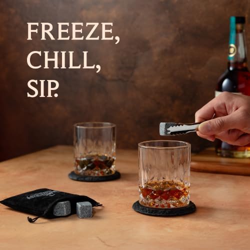 Mixology & Craft Whiskey Stones Gift Set: with Two 10oz Lead-Free Crystal Whiskey Glasses, 8 Whiskey Stones with Velvet Bag, 2 Slate Coasters & Recipe Cards in Wooden Crate | Great