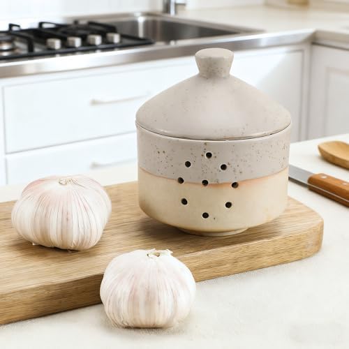 Honeydak 1 Pcs Large Ceramic Garlic Keeper with Lid & Holes, 4" x 4.5" Decorative Countertop Storage Container for Farmhouse Kitchen, Keeps Garlic Cloves Fresh, White
