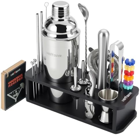 HMYBAR® 22-Piece Cocktail Shaker Set, Mixology Bartender Kit with 24oz Cobbler Shaker, Home Bar Tool Set with Black Bamboo Stand, 39 Recipe Cards, Glass Markers, Gift for Men & Dad