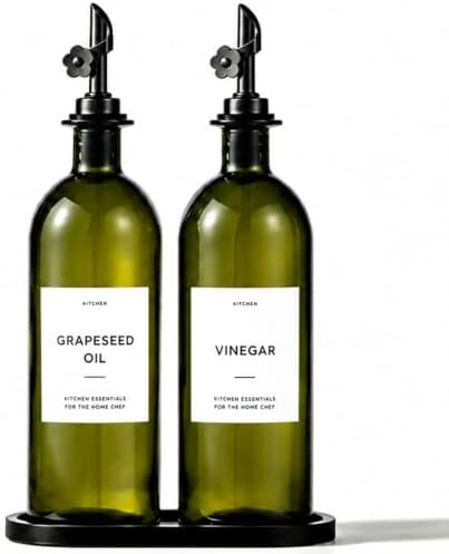 Olive Oil Dispenser for Kitchen, 2-Pack 16oz Glass Bottle with White Labels