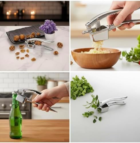 4-in-1 Stainless Steel Finish Garlic Press, Crusher, Mincer, Nut Cracker, Herb Plucker, Bottle Opener, Zinc Alloy Kitchen Tool