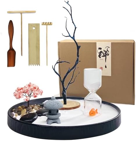 Desktop Zen Garden with Refillable Hourglass and Koi Fish – Miniature Japanese Rock Garden Kit with Sand, Rake, and Accessories – Stress Relief Desk Decor for Home & Office