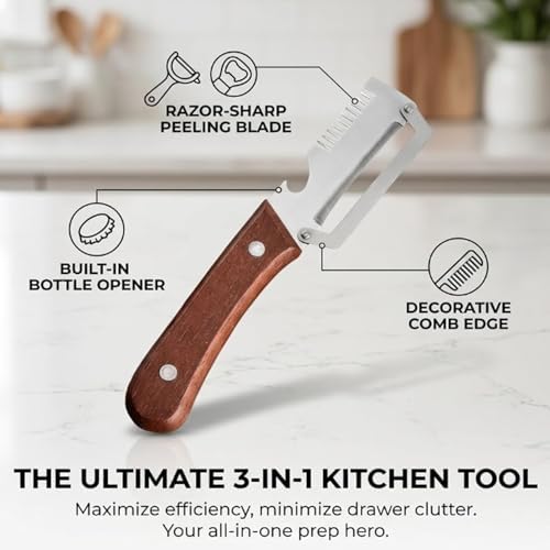Ultimate Kitchen Multi Tool Peeler, Precision Peeler Pro, Solid Wood Non-Slip Handle, 3 in 1 vegetable peeler set, 2.5 mm Zero Pressure Peelers, for Cane, Potato, Fruit, Easy to Clean (3 PCS A)