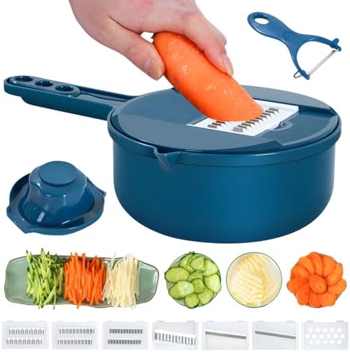 Multifunction mandoline slicer;vegetable chopper;vegetable slicer;food slicer;food chopper;chopper container;onion chopper;mandoline food slicer;vegetable cutter;chopping artifact (blue, 9 in 1)