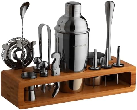 Modern Mixology Pro-Graded Cocktail Shaker Set with Stand | Complete Bartender Kit | 24oz Martini Shaker, Jigger, Strainer, Bar Spoon, Tongs, Opener, Muddler, Home Bar Essentials