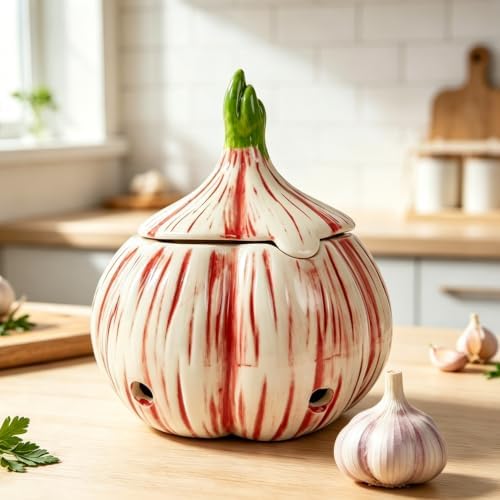 Yohsnor Large Ceramic Garlic Keeper with Lid, Unique Garlic Shape Container