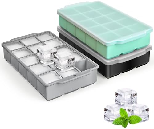 Silicone Ice Cube Tray with Lid, 3 Pack Easy-Release Flexible 15 Ice Cube Molds, Stackable Ice Trays for Freezer, Square Ice Maker Tray for Cocktail, Whiskey, Juice, Baby Food, BPA Free