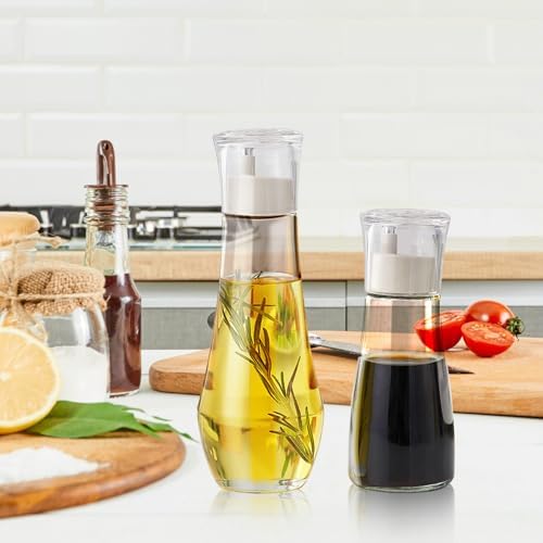 2 Pack Soy Sauce Dispenser with No-Drip Spout, Glass Oil and Vinegar Dispenser Bottle Set, Olive Oil Cruet with Dust Cap for Kitchen Cooking, 5.1oz