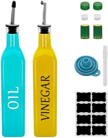 Olive Oil Dispenser Bottle,2 Pcs 17oz 500ml Glass O il and Vinegar Dispenser Set with 2 Stainless Steel Pourers, 8 Labels,Funnel Vinegar Bottles for Kitchen (Turquoise Oil & Yellow Vinegar)