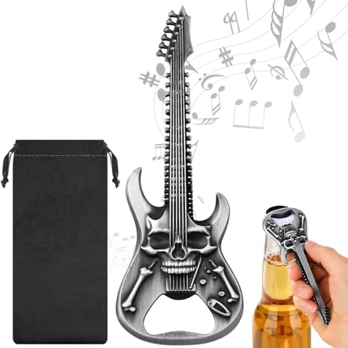 Skull Guitar Bottle Opener, Beer Opener with Gift Bag, Portable Bottle Opener, Father Birthday Gifts, Christmas Gifts for Men, Women, Boyfriend, Dad, Guitar Lovers, Silver