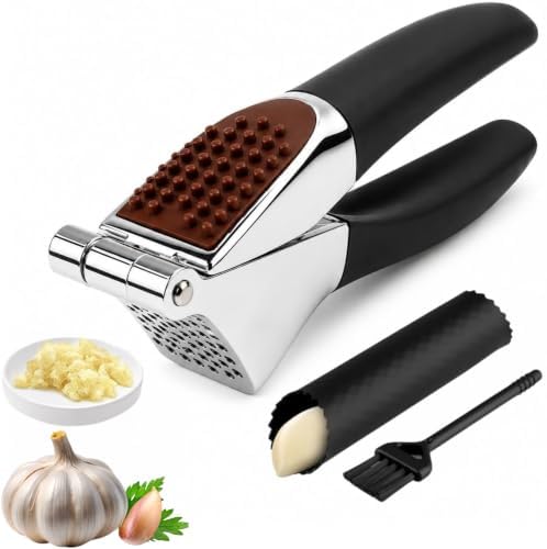 HOMFTY Garlic Press Set – Heavy Duty Stainless Steel Garlic Mincer & Crusher with Silicone Peeler, Ginger Press & Cleaning Brush – Large Chamber, Ergonomic Non-Slip Handle, No Peeling Needed