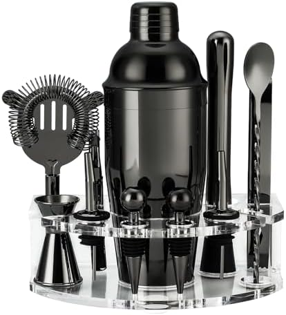 Bartender Kit Cocktail Shaker Set, Stainless Steel Cocktail Kit with 12 Piece Bar Accessories, 25oz Shaker Bar Set Drink Mixer Set with Stand Jigger Strainer Spoon Muddler for Cocktails (Black)