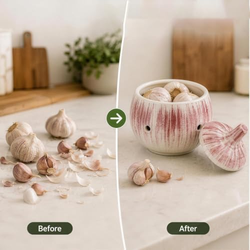 Brush Glaze Ceramic Garlic Container Keeper Holder Counter Storage Pot Kitchen Pantry Farmhouse Dining Table Countertop Organizer