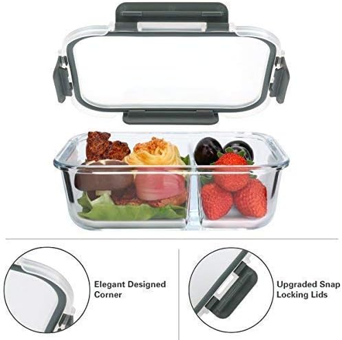 M MCIRCO 5 Pack,36 oz, 2 Compartments Glass Meal Prep Containers with Lids | Divided Glass Food Storage Containers, Portion Control Lunch Containers, Microwave, Oven, Freezer, Dishwasher, 4.5 Cups, Gray