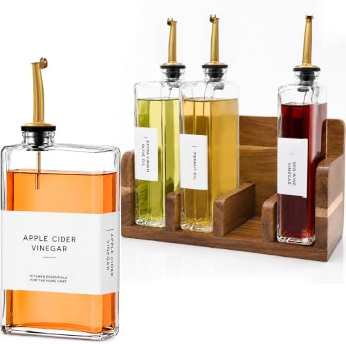 Oil and Vinegar Dispenser Set — 4 Glass Bottles with Open Bookshelf Acacia Wood Tray | 4 Pour Spouts, Silicone Funnel & Labels | Countertop Olive Oil Organizer for Kitchen (4, Clear, 12, ounces)