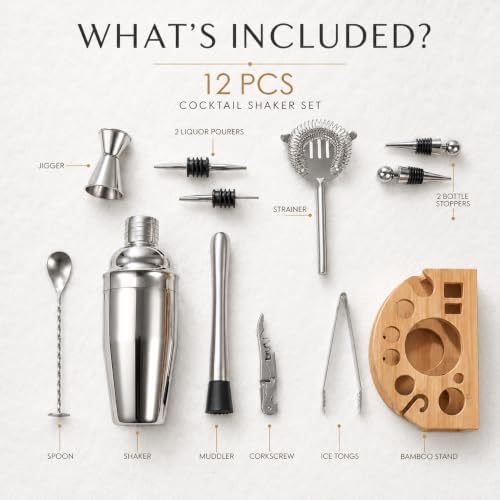 Cocktail Shaker Set with Bamboo Stand, 12-Piece 25oz Stainless Steel Bartender Kit, Martini & Margarita Bar Tools for Home Bar, Drink Mixer Set, Housewarming Gift, Silver