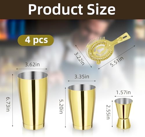 Mwellewm Boston Shaker Cocktail Set Bartender Kit, 12 Pcs Drink Shaker with Strainer Bartending Martini Shaker Tin with 18oz & 28oz Mixed Alcohol Shaker Stainless Steel Bar Tool for Beginner(Gold)