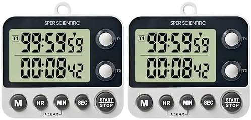 Sper Scientific 2 Channel Digital Lab + Kitchen Timer with Color Coded LED Lights 810002 – Dual Countdown Timer with Large Display, Loud Alarm & Clock Mode - for Cooking, Labs & More - 2 pc