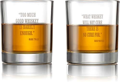 Mixology & Craft Whiskey Stones Gift Set for Men, 10 oz Whiskey Glasses w/ 8 Granite Chilling Rocks, 2 Coasters, Metal Tong & Cocktail Cards in Wooden Box - Round (Pack of 2)