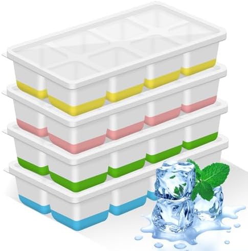 Large Ice Cube Tray, 4 Piece Silicone Ice Cube Tray with Lid for Whiskey, Cocktails, Beer, Wine, Refrigerated Drinks, BPA Free, Stackable Reusable (Green+Blue+Yellow+Pink)