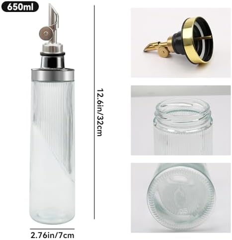 Glass Olive Oil Dispenser Bottle for Kitchen 22OZ/650ML Oil and Vinegar Dispenser with Stainless Steel Pour Spout and Labels