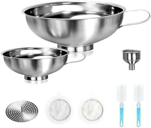 7-Piece Stainless Steel Canning Funnel Kit – Wide Mouth Mason Jar Funnels with 100/200 Mesh Strainers, Removable Filter Tip & Sponge Brushes