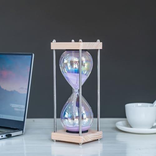 Large 60-Minute Hourglass Sand Timer,Pastel Macaron Glass & Natural Oak Wood Base, Modern Minimalist Office Home Desktop Decor (Macaron Purple)