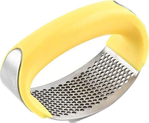 Garlic Press Stainless Steel Rocker Set With Peeler, Cleaning Brush - Easy Operate and Clean Kitchen Tool (Yellow)