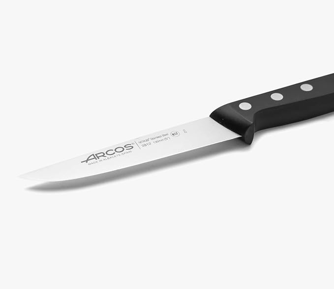 Arcos Kitchen Knife 5 Inch Nitrum Stainless Steel and 130 mm blade. Professional Utilty Knife. Ergonomic Polyoxymethylene POM Handle. Series Universal. Color Black