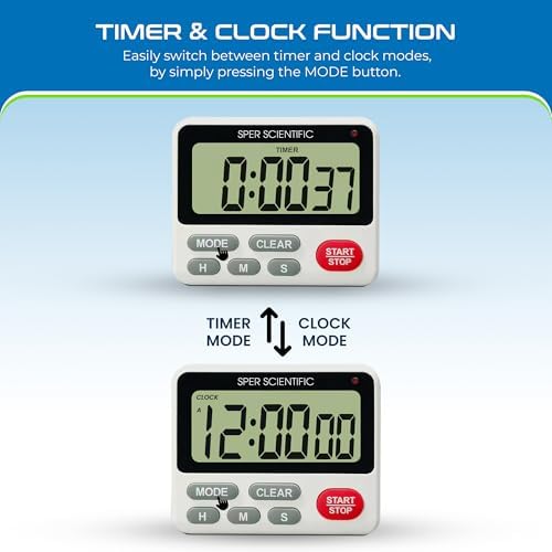 Sper Scientific 24-Hour Digital Lab + Kitchen Timer with LED Light 810001 - Precision Countdown Timer with Large Display, Loud Alarm & Clock Mode - for Cooking, Lab Experiments & More