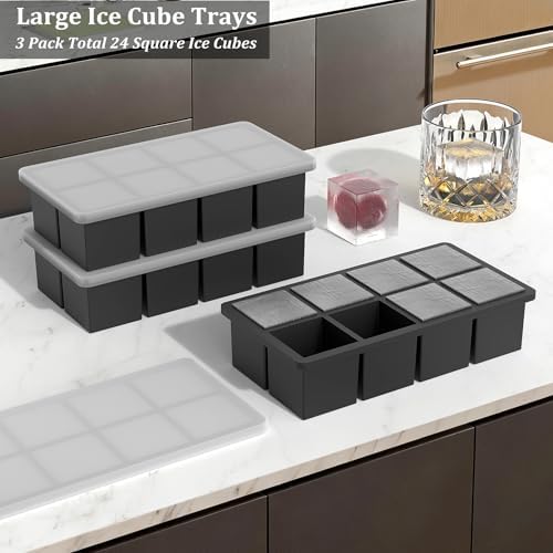 Bangp Silicone Ice Cube Trays with Metal Reinforced Frame(3 Pack),Large Ice Cube Tray with Lid,Easy Release Whiskey Ice Cubes Mold,Ice Trays for Freezer,Stackable Ice Cube Tray(Black)
