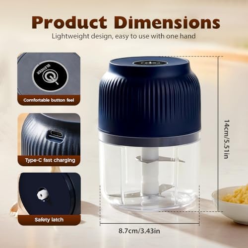 Electric Garlic Chopper, 350ml Cordless Garlic Grinder Onion Masher, Portable Veggie Chopper, Wireless Food Processor For Ginger Chili Fruit Meat Etc (Blue)
