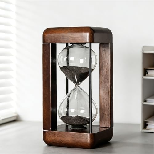 Large 60 Minute Hourglass Timer with Walnut Wood, Metal Frame, Black Sand