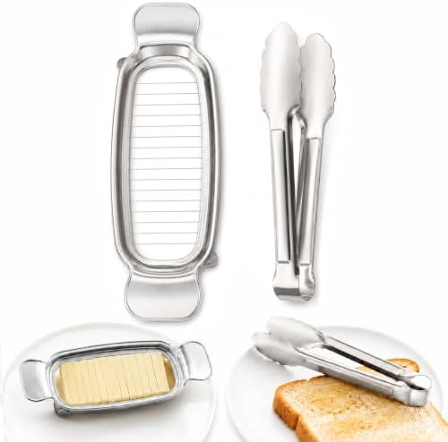 Butter Slicer Cutter with Serving Tongs, 304 Stainless Steel Butter and Cheese Cutter Wire Slicer Kitchen Gadget for Block Butter, Soft Cheese, Toast, Pancakes, Breakfast, Baking and Serving
