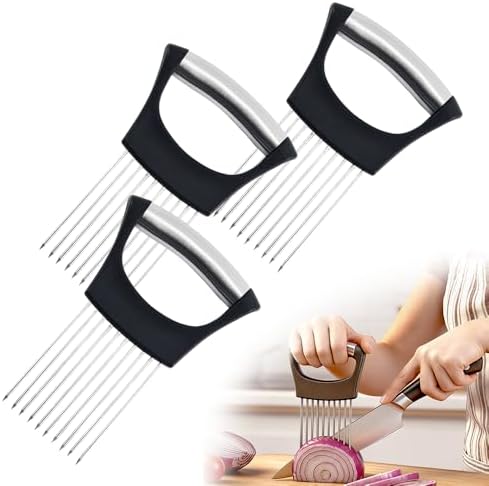 Onion Slicer Holder, Onion Holder for Slicing, Stainless Steel Vegetable Chopper and Onion Slicer Tool, Kitchen Assistant for Onions, Potatoes, Tomatoes and Fresh Produce (3pcs)