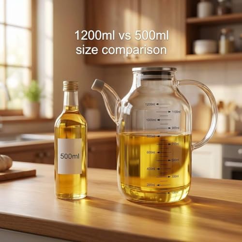 QWORK 1200ML/40Oz Large Glass Cooking Oil Bottle with Stainless Steel Lid, Oil & Vinegar Dispenser Bottle for Olive Oil, Vinegar, Soy Sauce, Kitchen No Drip Liquid Container