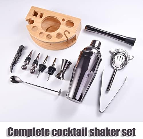 Bartender Kit with Stylish Bamboo Stand, 12 Piece 25oz Cocktail Shaker Set for Mixed Drink, Professional Stainless Steel Bar Tool Set, Gift for Man Dad- Cocktail Recipes Booklet (Grey)