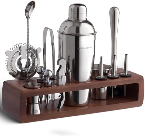 Modern Mixology Pro-Graded Cocktail Shaker Set with Stand | Complete Bartender Kit | 24oz Martini Shaker, Jigger, Strainer, Bar Spoon, Tongs, Opener, Muddler, Home Bar Essentials